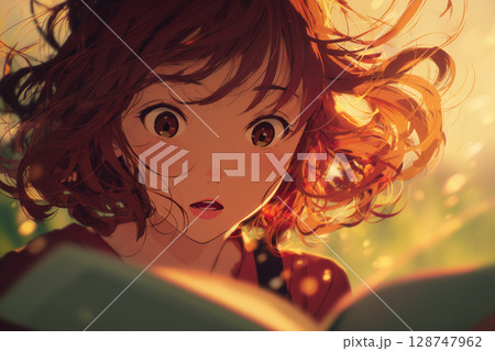 本の世界に引き込まれる少女のイラスト ― 驚きと感動が交差する物語の一瞬 本の世界に引き込まれる少女のイラスト ― 驚きと感動が交差する物語の一瞬 128747962