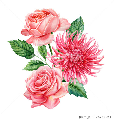 Pink roses and red dahlia with green leaves watercolor floral bouquet botanical illustration romantic flower clipart 128747964
