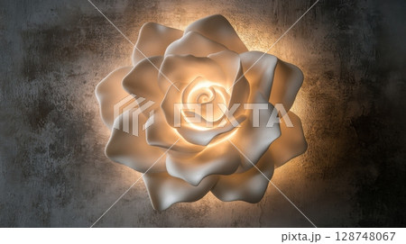 Artistic illuminated rose sculpture on a textured background, symbolizing beauty 128748067