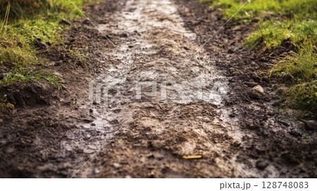 Muddy path with tire tracks leading through grassy terrain. 128748083