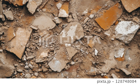 Close up texture of broken concrete and rubble debris, abstract background for construction, demolition, or environmental themes 128748084