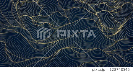 Vector line water wavy pattern , golden line on black japanese style ocean ornament. Luxury abstract flow background, modern curve elegant asian design. 128748546