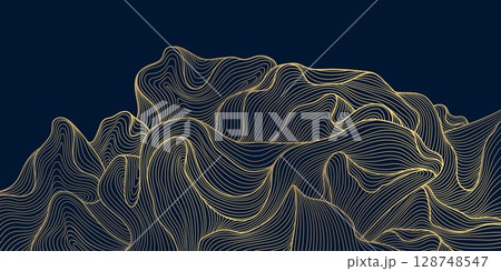 Vector line water wavy pattern , golden line on black japanese style ocean ornament. Luxury abstract flow background, modern curve elegant asian design. Vector line water wavy pattern , golden line on black japanese style ocean ornament. Luxury abstract flow background, modern curve elegant asian design. 128748547