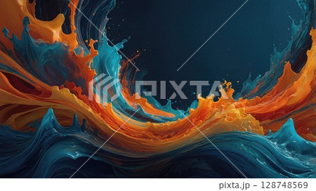 Vibrant abstract 3D digital artwork with flowing waves of blue and orange colors, resembling liquid motion and dynamic energy against a dark background Vibrant abstract 3D digital artwork with flowing waves of blue and orange colors, resembling liquid motion and dynamic energy against a dark background 128748569