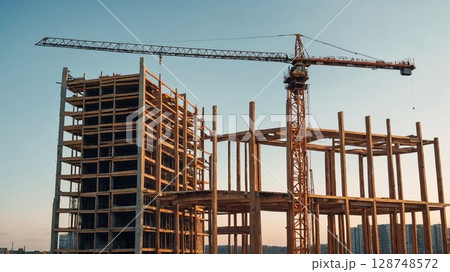 A large building is currently under construction with a crane in the foreground 128748572