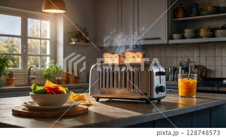A cozy kitchen scene with a toaster releasing steam from freshly toasted bread slices, next to a bowl of salad and a glass of orange juice, lit warmly by natural sunlight 128748573