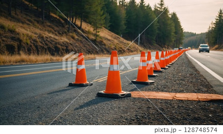 A line of bright orange traffic cones on a rural road, guiding vehicles along the roadside near a forested area, creating a sense of caution and directing traffic flow safely A line of bright orange traffic cones on a rural road, guiding vehicles along the roadside near a forested area, creating a sense of caution and directing traffic flow safely 128748574