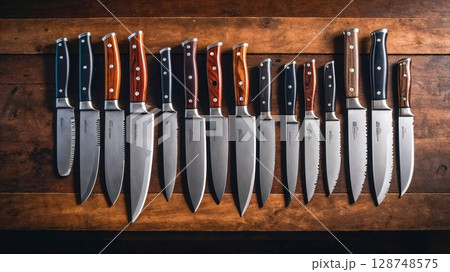 A long row of sharp knives are neatly lined up on a wooden table 128748575