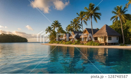 Scenic tropical beachfront with traditional thatched-roof bungalows, palm trees, and serene blue waters under a vibrant sunset sky, perfect for a peaceful island getaway 128748587