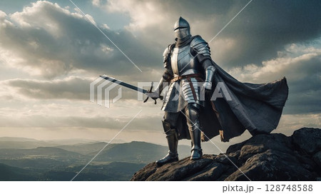 Majestic knight in shining armor standing atop a rocky peak, holding a sword, with dramatic clouds in the background. Perfect for fantasy, medieval, and hero concepts 128748588
