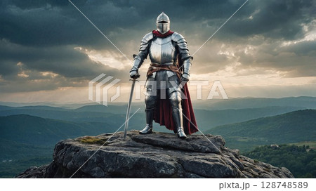 Knight in shining armor with red cape standing atop mountain cliff overlooking misty valley. Dramatic portrait of medieval warrior against ethereal landscape at golden hour 128748589