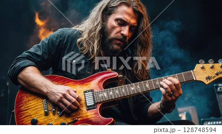 Passionate musician with long hair and rugged appearance playing an electric guitar on stage, surrounded by dramatic lighting and smoke, creating a powerful rock atmosphere 128748594