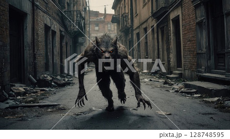 Intimidating werewolf with piercing red eyes and sharp claws prowling in a decayed, empty urban street, exuding a sense of fear and danger in a dark, post-apocalyptic environment 128748595
