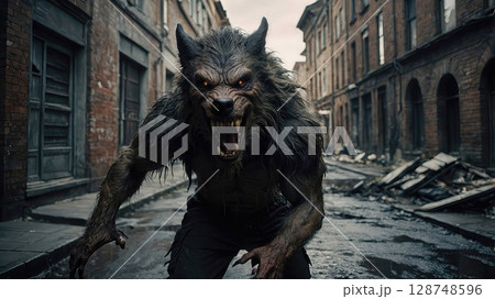 Snarling werewolf with glowing eyes and matted fur standing menacingly in dark urban alley. Horror creature design against gritty Victorian backdrop creates intense atmosphere 128748596