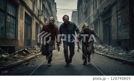 Group of zombies running through destroyed urban street with dark apocalyptic atmosphere. Horror movie scene featuring detailed undead makeup and costumes against industrial backdrop 128748605