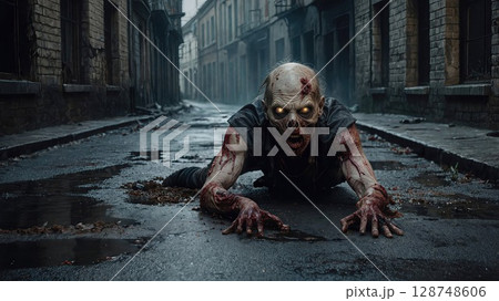 Creeping zombie with glowing eyes and blood-streaked skin crawling on an abandoned, rain-soaked street in a haunting post-apocalyptic cityscape 128748606