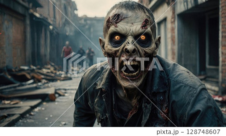 Close-up portrait of decaying zombie with glowing orange eyes and torn flesh against foggy urban background. Detailed horror makeup creates terrifying undead character design 128748607