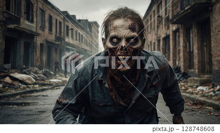 Terrifying zombie in a ruined urban setting, with decayed skin, hollow eyes, and torn clothing, creating an intense post-apocalyptic horror atmosphere 128748608
