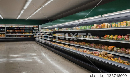 Supermarket aisle with fluorescent lighting illuminating fresh produce and groceries on shelves. Modern retail interior with symmetrical perspective and vibrant fruit displays 128748609