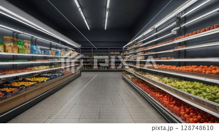 Supermarket aisle with fluorescent lighting illuminating fresh produce and groceries on shelves. Modern retail interior with symmetrical perspective and vibrant fruit displays 128748610