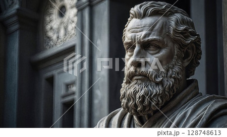 Detailed marble bust of bearded philosopher with intricate carving showing facial expression and flowing hair. Classical sculpture against architectural elements creates dramatic portrait 128748613