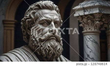 Detailed marble bust of bearded philosopher with intricate carving showing facial expression and flowing hair. Classical sculpture against architectural elements creates dramatic portrait 128748614
