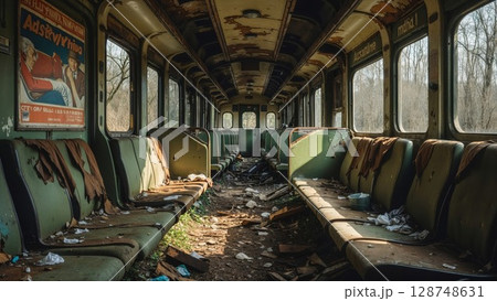 Deteriorated interior of an abandoned train car with rusted metal, torn seats, and debris, bathed in stark sunlight, evoking a sense of decay, history, and urban exploration Deteriorated interior of an abandoned train car with rusted metal, torn seats, and debris, bathed in stark sunlight, evoking a sense of decay, history, and urban exploration 128748631