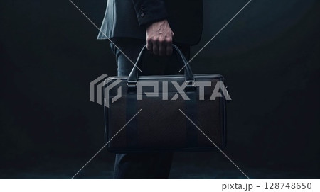 businessman in a tailored suit carrying a sleek black briefcase, exuding professionalism, confidence, and executive style in a minimal dark setting 128748650