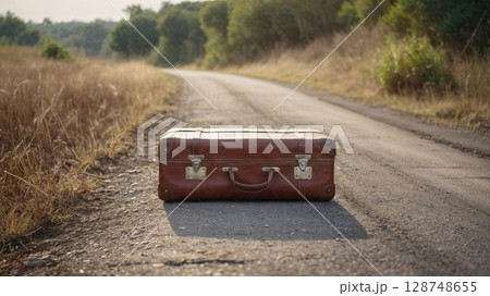 vintage leather suitcase sits alone on an empty rural road, symbolizing travel, mystery, and an unexpected journey through an idyllic countryside setting vintage leather suitcase sits alone on an empty rural road, symbolizing travel, mystery, and an unexpected journey through an idyllic countryside setting 128748655