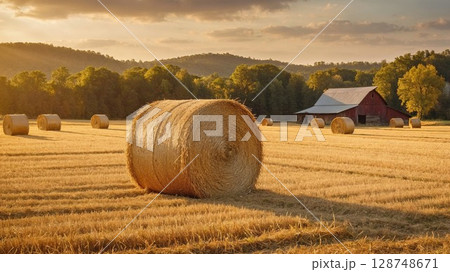 Golden hay bales dot a sunlit countryside field with a rustic red barn in the distance, embodying the charm and warmth of rural farm life in autumn 128748671