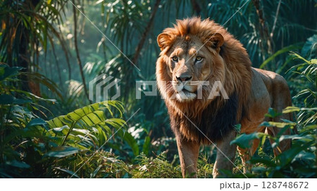 In the center of a lush green forest, a lion is proudly standing 128748672