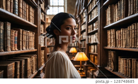 A sophisticated woman stands gracefully between towering bookshelves in a grand, historic library, bathed in warm, soft light A sophisticated woman stands gracefully between towering bookshelves in a grand, historic library, bathed in warm, soft light 128748685