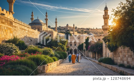 Three traditional robed figures walk down a cobblestone street toward a mosque at sunset in an ancient Middle Eastern city, rich with history 128748694
