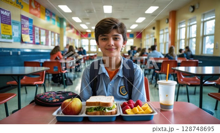 A confident young male student with a backpack sits at a cafeteria table with a healthy school lunch, smiling directly at the camera A confident young male student with a backpack sits at a cafeteria table with a healthy school lunch, smiling directly at the camera 128748695