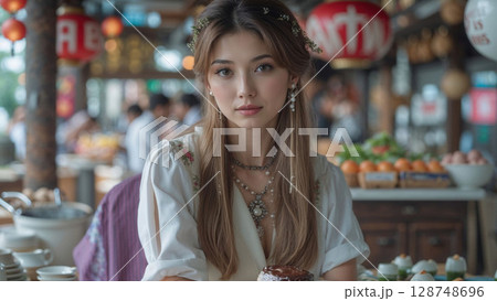 A serene young woman with delicate floral accents in her hair and elegant jewelry dines in a traditional Asian restaurant, evoking beauty and cultural experience 128748696