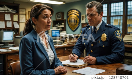 A solemn woman in a suit speaks with a police officer in uniform at a desk, suggesting an interview, interrogation, or official discussion in an office setting 128748701