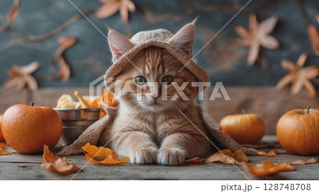 Adorable ginger kitten in a cozy knitted hat surrounded by autumn pumpkins and leaves, perfect for heartwarming pet content, fall themes, and holiday promotions Adorable ginger kitten in a cozy knitted hat surrounded by autumn pumpkins and leaves, perfect for heartwarming pet content, fall themes, and holiday promotions 128748708