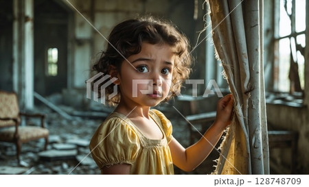 A small, scared girl with wide eyes stands amidst a ruined building, evoking themes of vulnerability, conflict, and the need for protection and hope A small, scared girl with wide eyes stands amidst a ruined building, evoking themes of vulnerability, conflict, and the need for protection and hope 128748709