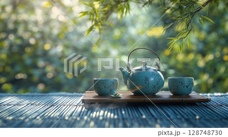 Tranquil outdoor setting with a vintage blue teapot and cups on a bamboo mat, surrounded by nature soft, green backdrop Tranquil outdoor setting with a vintage blue teapot and cups on a bamboo mat, surrounded by nature soft, green backdrop 128748730