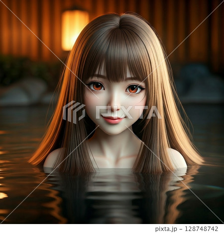 のんびり温泉に入る若い女性 128748742