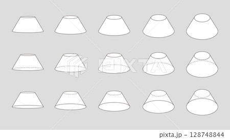 様々な角度から見たカットされた円錐のセット。図形のベクターイラスト 128748844