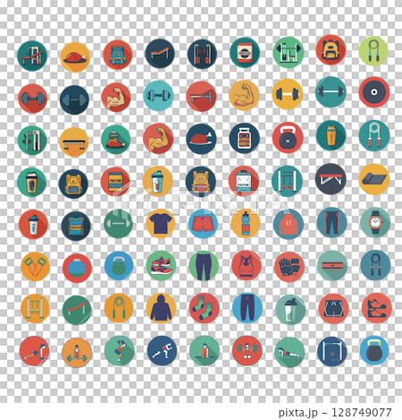 A set of 72 muscle-based icons related to strength training and bodybuilding 128749077