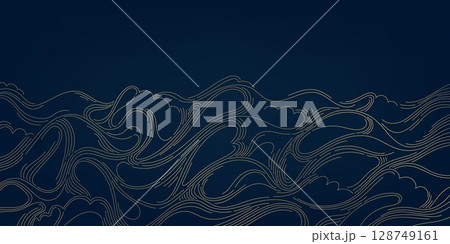 Vector line water wavy pattern , golden line on black japanese style ocean ornament. Luxury abstract flow background, modern curve elegant asian design. 128749161