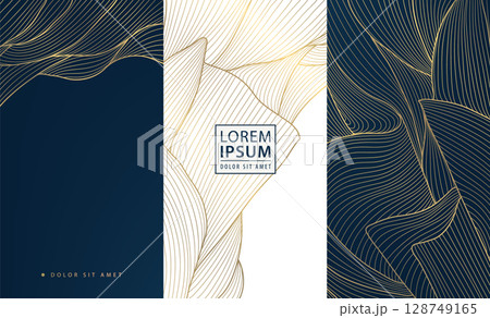 Vector set of floral gold art deco labels, floral line luxury design. Wine, package box, perfume, beauty products covers, foliage print, banners. Vector set of floral gold art deco labels, floral line luxury design. Wine, package box, perfume, beauty products covers, foliage print, banners. 128749165