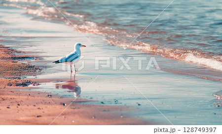 海辺に立つカモメの水彩風イラスト ― 静寂と広がりを感じるブルートーンの風景 海辺に立つカモメの水彩風イラスト ― 静寂と広がりを感じるブルートーンの風景 128749397