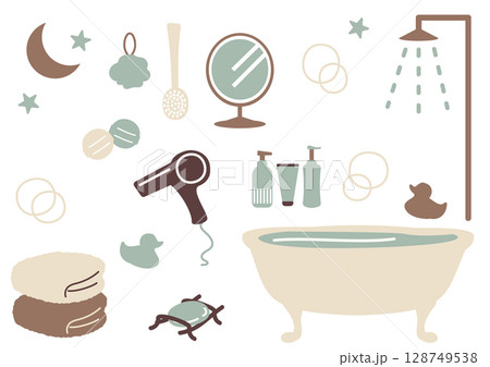 バスタブとシャワーがあるチョコミントカラーのかわいいお風呂セットのイラスト 128749538