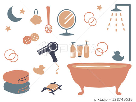 バスタブとシャワーがあるレトロカラーのかわいいお風呂セットのイラスト 128749539