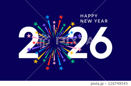 2026 fireworks number, colorful New Year greeting card 128749543