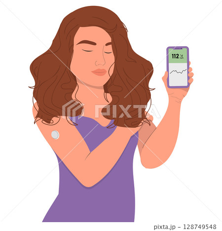 Diabetic woman with continuous glucose monitor on her arm. Diabetic woman with continuous glucose monitor on her arm. 128749548