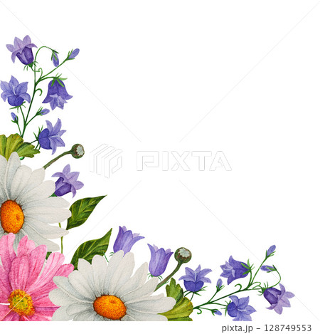 Watercolor corner frame of hand painted colorful wildflowers and botanical greenery. Design for invitation, cards, textile 128749553